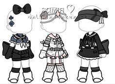 three cartoon dolls are dressed in black and white outfits, one is wearing a sailor's hat