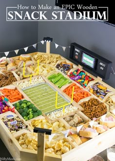 a football stadium snack bar with snacks in it and the words how to make an epic wooden snack stadium