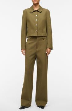 Layer on a military-inspired jacket cut from structured twill in a contemporary cropped silhouette. Front snap closure Spread collar Four-snap cuffs 60% polyester, 29% rayon, 8% other fibers, 3% spandex Dry clean Imported Cropped Utility Jacket With Flap Pockets For Work, Utility Cropped Jacket With Flap Pockets For Work, Cropped Utility Jacket For Fall Workwear, Fitted Cropped Outerwear With Button Cuffs, Cropped Fitted Outerwear With Button Cuffs, Khaki Utility Cropped Jacket For Work, Fall Cropped Jacket With Flap Pockets For Work, Fall Cropped Jacket With Notch Lapel, Fall Cropped Jacket With Notch Lapel And Button Closure