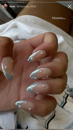 Blue Chrome French Tip, Blue Chrome French Tip Nails, French Tip Nails With Pearls, Chrome French Tip Nails, Nails With Pearls, Chrome French Tip, Cinderella Nails, Chrome French, White Chrome Nails