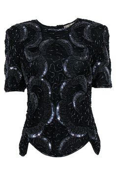 Current Boutique-Royal Feelings - Vintage Black Beaded & Sequin Silk Blouse w/ Petaled Hem Sz S Elegant Stretch Embellished Blouse, Evening Embellished Fitted Blouse, Elegant Fitted Sequin Top, Holiday Evening Embellished Blouse, Glamorous Embellished Top For Formal Occasions, Beaded Tops For Night Out Party Season, Beaded Tops For Night Out And Party Season, Festive Black Top For Night Out, Glamorous Beaded Evening Tops