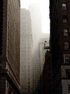 tall buildings in the fog on a city street