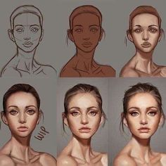 a series of photos showing how to draw the face of a woman with different facial expressions