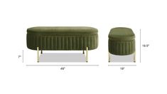 a green bench and ottoman with measurements for the footrests on each side, along with