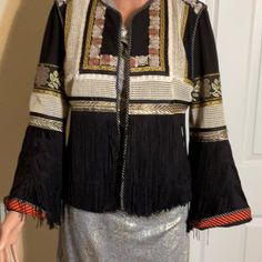 Size S Should Fit Between A 4 And 6,The Cuff Has A Contrast Trim When Folded Back Otherwise The Trim Is Polkadot. Note Photos. Traditional Embellished Outerwear For Fall, Fitted Winter Outerwear With Geometric Embroidery, Fitted Outerwear With Geometric Embroidery For Fall, Fitted Fall Outerwear With Geometric Embroidery, Fall Outerwear With Multicolor Geometric Embroidery, Fitted Bohemian Outerwear With Tassels, Bohemian Embellished Outerwear For Fall, Fall Multicolor Geometric Embroidered Outerwear, Fall Bohemian Embellished Outerwear