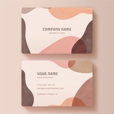 two business cards with abstract shapes in pink, brown and beige colors on the front