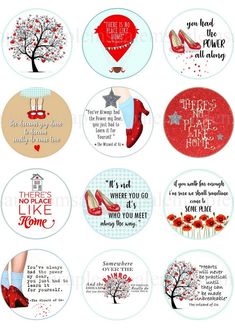 six different types of stickers with words and pictures on them, all in red