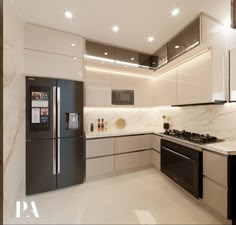 a modern kitchen with marble counter tops and black appliances