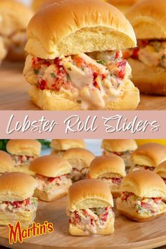 lobster roll sliders on a cutting board with text overlay that reads lobster roll sliders