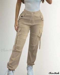 Olivia Mark - Designer Drawstring Pants with Cuffed Hem Cotton Ankle-length Cargo Pants With Drawstring, 4-way Stretch Cargo Pants With Elastic Waistband For Sports, Solid Color Ankle-length Cargo Pants With Elastic Waistband, Khaki Wide-leg Cargo Pants With Elastic Waistband, Khaki High-waisted Cargo Pants With Elastic Waistband, Drawstring Pants, Olivia Mark, Pants, Design