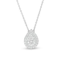 She'll love the sparkle of this splendid diamond necklace. Created in 14K white gold, this glamorous look features a 3/8 ct. diamond in a pear-shaped diamond composite. A frame of intricate milgrain detailing and shimmering diamonds surrounds the center. Radiant with 5/8 ct. t.w. of diamonds and a brilliant buffed luster, this style suspends centered along a 16.0-inch curb chain with 2.0-inch extender that secures with a lobster claw clasp. Pear Shaped Necklace, Classic Pear-shaped Diamond Drop Necklace, Formal Teardrop Diamond White Diamond Necklace, Diamond White Teardrop Diamond Necklace For Formal Occasions, Formal Pear-shaped Diamond Necklace With Diamond Accents, Formal Pear-shaped Diamond Necklace With Accents, Classic Pear Shaped Diamond Drop Necklace, Pear-shaped Diamond Cut Necklace For Formal Occasions, Timeless Pear-shaped Diamond Necklace For Anniversary