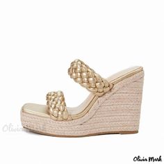 Olivia Mark - Champagne Braided Platform Wedge Espadrilles with Casual Square Toe Gold Flat Heel Espadrilles For Summer, Casual High Heel Straw Wedge Sandals, Casual High Heel Wedge Sandals In Straw, Gold Flat Espadrilles For Summer, Straw Wedge Sandals With Flat Heel And Platform, Straw Platform Wedge Sandals, Straw Wedge Sandals With Flat Heel, Chic Synthetic Wedge Heel Espadrilles, Casual Gold Wedge Heel Sandals