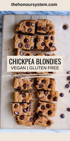 chickpea blondies vegan gluten free on a cutting board with chocolate chips