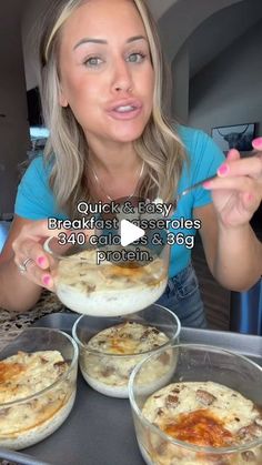 a woman is eating some food out of bowls