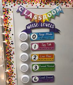 a bulletin board with classroom name labels on it and confetti around the edges