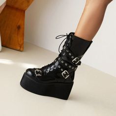 Gothic Punk Platform Boots, High Chunky Platform Boots, Riding Boots, Long Boots, Zipper Boots. PU Leather Boots. Combat Boots, Biker Boots, Punk Boots, Gothic Boots. Black Women's Boots. Looking to make a fashion statement? Then you can't go wrong with these awesome chunky, gothic, punk, platform boots. 3.5-inch heels are no problem with these super soft comfortable boots you will feel like you are floating on air, and they are surprisingly easy to walk in. Standing or walking for long periods Punk Platform Boots, Wedge Platform Boots, Chunky Platform Boots, Boots Biker, Boots Long, Gothic Boots, Platform Boots Chunky, Boots Combat, Boots Zipper