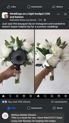 two pictures of flowers being held by someone's hand with the same photo on them