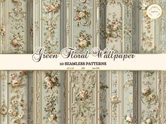 green floral wallpaper with flowers and vines on it in various sizes, colors and patterns