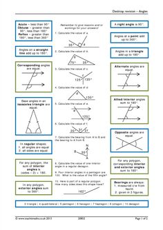 worksheet on angles and lines for students to use in their class workbook