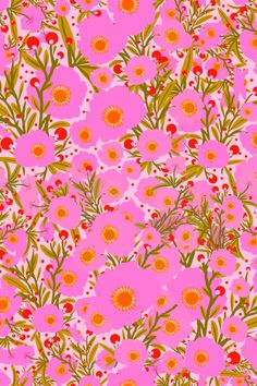 a pink background with flowers and leaves on it's sides, all in different colors