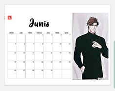 a calendar with an image of a man in black shirt and red tie on it