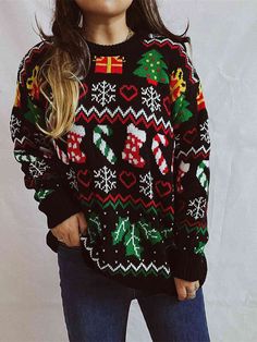 Festive Knit Santa Candy Canes Trees Round Neck Holiday Sweater This oversized knit sweater offers functionality with beautiful holiday print.Features a unique stripe pattern with Snowflakes, Christmas trees, hearts, candy canes, stockings and mistletoe.Bold, colorful and festive that you will want to wear everyday year.Round neckline, long sleeves and bottom hem all have ribbed trim.Perfect pullover for pairing with jeans or leggings for fall and easy to layer for winter.Casual chic sophisticat Sweater Christmas Stockings, Heart Snowflake, Tree Heart, Christmas Ugly Sweater, Christmas Clothing, Elegant Sweater, Party Kleidung, Snowflake Design, Estilo Chic