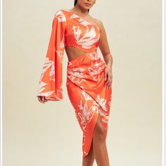 New Orange Floral Midi Dress Orange One Shoulder Dress With Floral Print, Orange One-shoulder Dress With Floral Print, Orange One-shoulder Floral Print Dress, Spring One-shoulder Orange Maxi Dress, Orange Floral Print Cocktail Dress, Floral Midi Dress, Color Orange, Colorful Dresses, Midi Dress