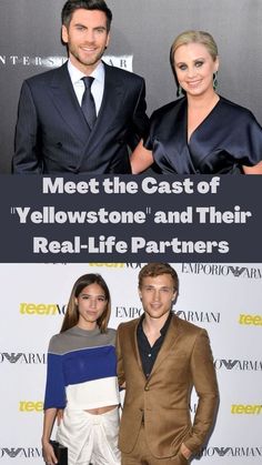 two people standing next to each other in front of a sign that says meet the cast of yellowstone and their real life partners