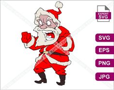 santa clause cartoon character in red and white with his fist up, pointing to the right