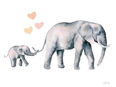 an elephant and her baby are standing together in the watercolor style, on a white background