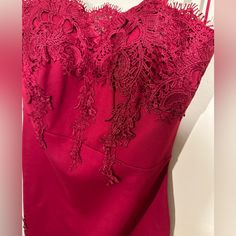 Red Lace Embroidery Accents On Dress. Mid Zipper Closure. Mid Back Spaghetti Straps. Bra Padding Included. Red Lace Dress With Spaghetti Straps, Lace Embroidery, Padded Bras, Red Lace, Lady In Red, Red Dress, Spaghetti Strap, Colorful Dresses, Spaghetti