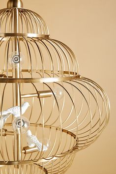 a bird in a cage is hanging from the ceiling and it's light fixture