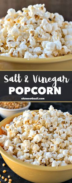 salt and vinegar popcorn in yellow bowls on a black table with text overlay that reads salt and vinegar popcorn