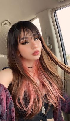 Pink Peekaboo Hair Highlights, Pink Tips Black Hair, Pink And Brown Hair Straight, Colored Bayalage Hair, I Want To Dye My Hair, Black And Mint Hair, Duo Hair Color Ideas, Streak In Front Of Hair, Brown Hair Pink Underneath