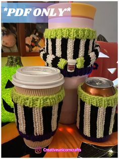 three coffee cups are sitting next to each other on a table with the text free crochet pattern