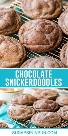 chocolate snickkerdoodles on a cooling rack with the title above it