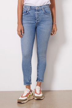 A slim, straight leg defines these versatile AGOLDE jeans featuring a high-rise fit, button fly closure, and sustainable denim fabric. Add a tee and sneakers, or dress them up with a blouse and mules. | AGOLDE Women's Nico High Rise Slim Jeans, Size 27, Blue Inside Out Style, Sustainable Denim, Agolde Jeans, Fashion 101, Denim Branding, Fall Shopping, Tee Dress, Slim Jeans, Premium Denim