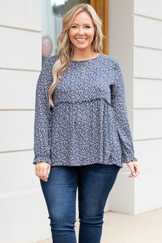 This top is so dreamy and you have to get it while supplies last! It features the cutest balloon sleeves and dainty floral print design! It is comfortable for all-day wear, easy to dress up or down, and is so easy to style with everything in your closet! We know you will love it! Pair this blue top with your favorite d Blue Night, Floral Print Design, Model Fits, Blue Top, Balloon Sleeves, The Cutest, Love It