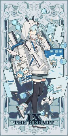 an anime character is standing in front of a blue and white background with many objects