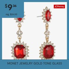 Included: 1 Pair of EarringsFeatures: Rhinestones, HypoallergenicEarring Back: PostShape: Marquise, EmeraldMetal Color: Gold ToneEarring Length: 50mmEarring Width: 16mmCare: Wipe CleanStone Type: 72 GlassEarrings Type: Post EarringsEarrings Style: Drop EarringsMetal: ZincCountry of Origin: Imported Glass Drop Earrings, Monet Jewelry, Earrings Red, Earrings Drop, Jewelry Gold, Gold Jewelry, Gold Tones, Drop Earrings, Glass