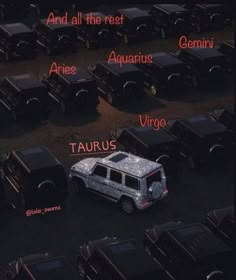 an aerial view of a parking lot with cars and the caption capricorn