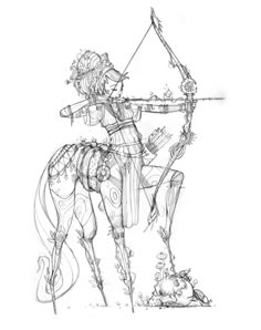 a drawing of a person on a horse with a bow and arrow in its hand