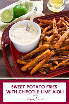 sweet potato fries with chipotle - lime aioli dip and lemon wedges