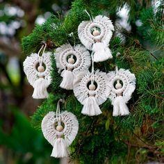 white tasselled ornaments hanging from a pine tree