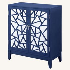 a blue cabinet with glass doors and geometric designs on the front, against a white background