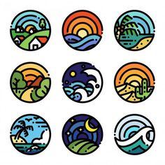 nine circular icons with different types of waves and mountains