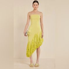 Libby Is An Artisanal Gown Featuring Hand-Embroidered Raffia Fringe. There Is An Inside Corset On This Strapless Dress To Give Elegant Support. A Side Zip Allows For Easy Wear. The Cotton Fabric That Has Just A Touch Of Stretch. Pair With The Malaya Sandal In Matching Lemon Sorbet To Complete The Look. Due To Comfort Stretch Material This Will Mold To Your Body Corset Top Hand Applied Raffia At Bottom 48% Cotton 45% Nylon 7% Elastane I Purchased In Advance For An Event And Then Gained Weight So Body Corset, Lemon Sorbet, Cult Gaia, Corset Top, Easy Wear, Bridesmaid Dress, Side Zip, Hand Embroidered, Strapless Dress