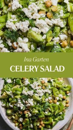 celery salad with feta cheese in a white bowl