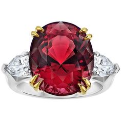 15.13 carat Red Spinel three stone ring with pear shape diamonds weighing 1.03 carats set in a custom platinum ring with 18k yellow gold basket. Red Spinel Ring, 15 K, Pear Cut Diamond Ring, Expensive Diamond, Diamond Heart Pendant Necklace, Colored Diamond Rings, Red Spinel, Spinel Ring, Rare Gems