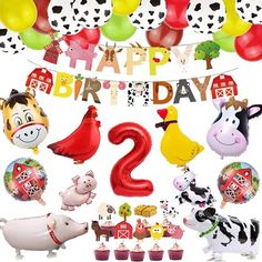 farm animals and farm animals birthday party supplies including balloons, streamers, cupcakes and decorations